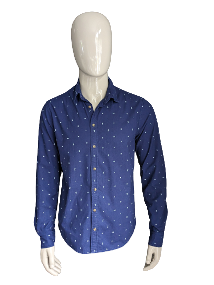 Casual Friday overhemd. Donker Blauw Witte print. Maat L. Slim Fit.