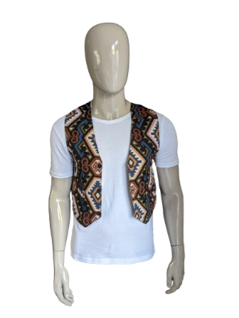 Vintage Gilet. Blauw Zwart Bruin Groen Roze motief. Groene achterkant. Maat S.