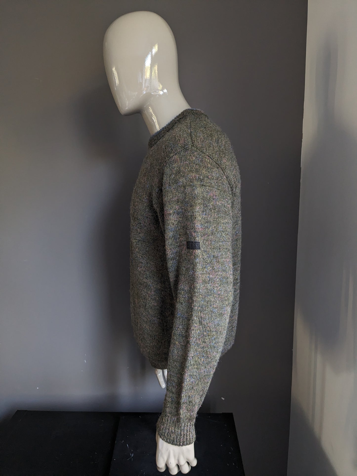 Vintage Heim Ambrosius wool sweater. Green blue pink yellow mixed. Size L.