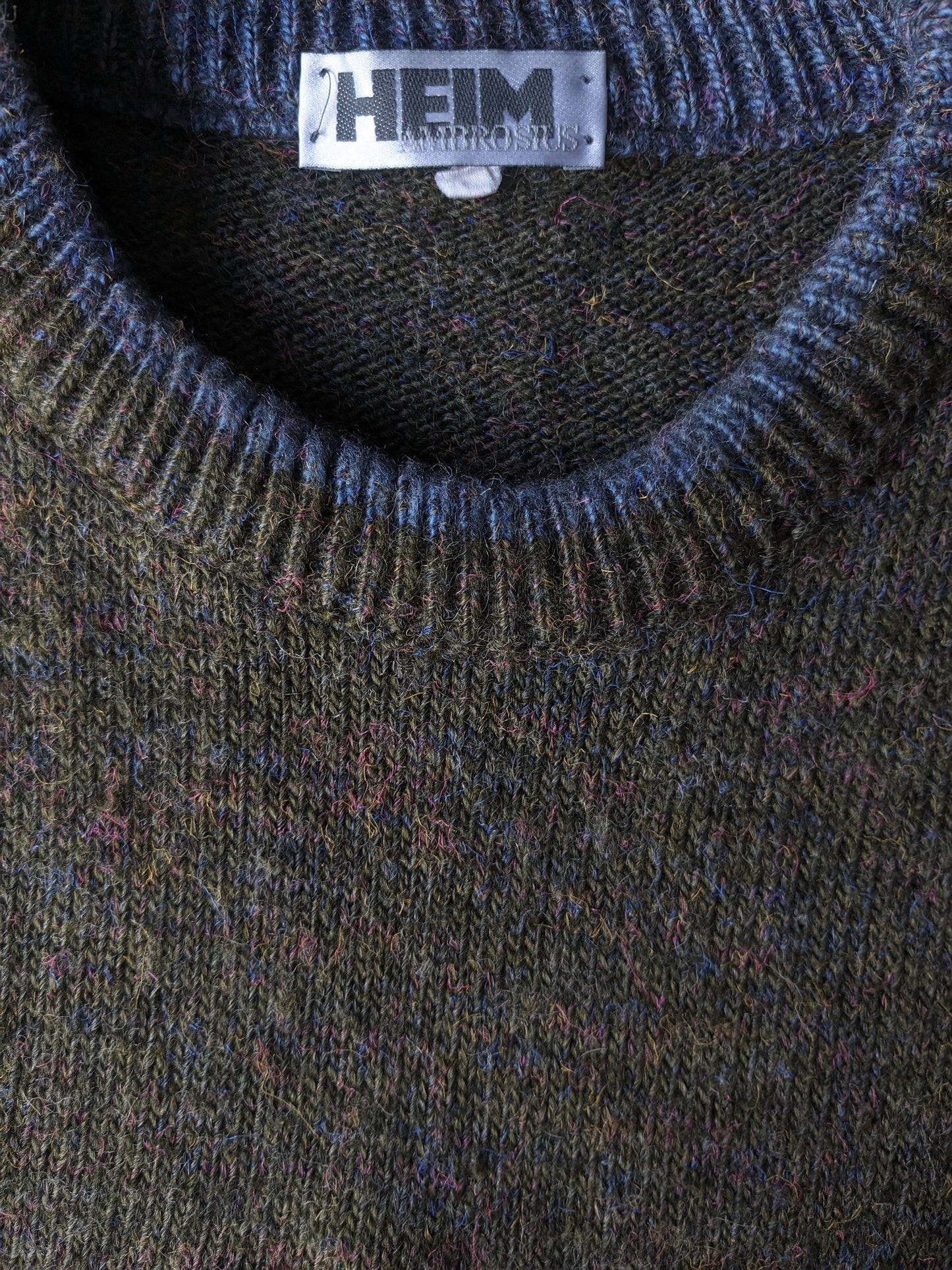 Vintage Heim Ambrosius Wollen trui. Groen Blauw Roze Geel gemêleerd. Maat L.