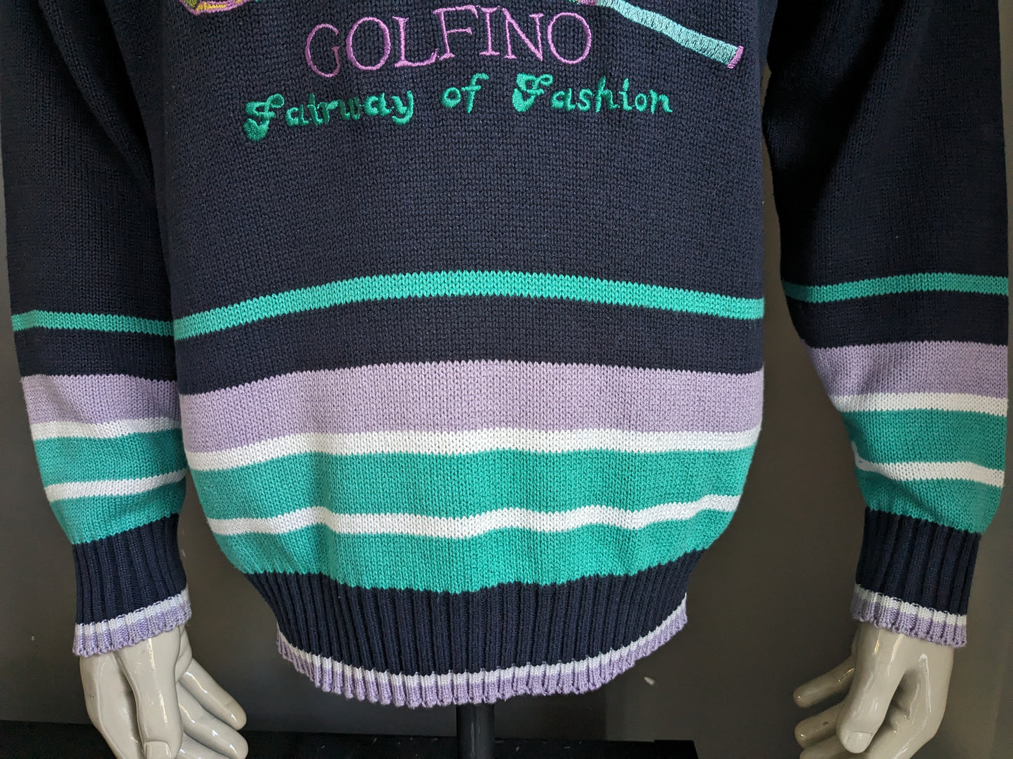 Vintage Golfino trui. Blauw Groen Paars gekleurd. Maat L / XL.