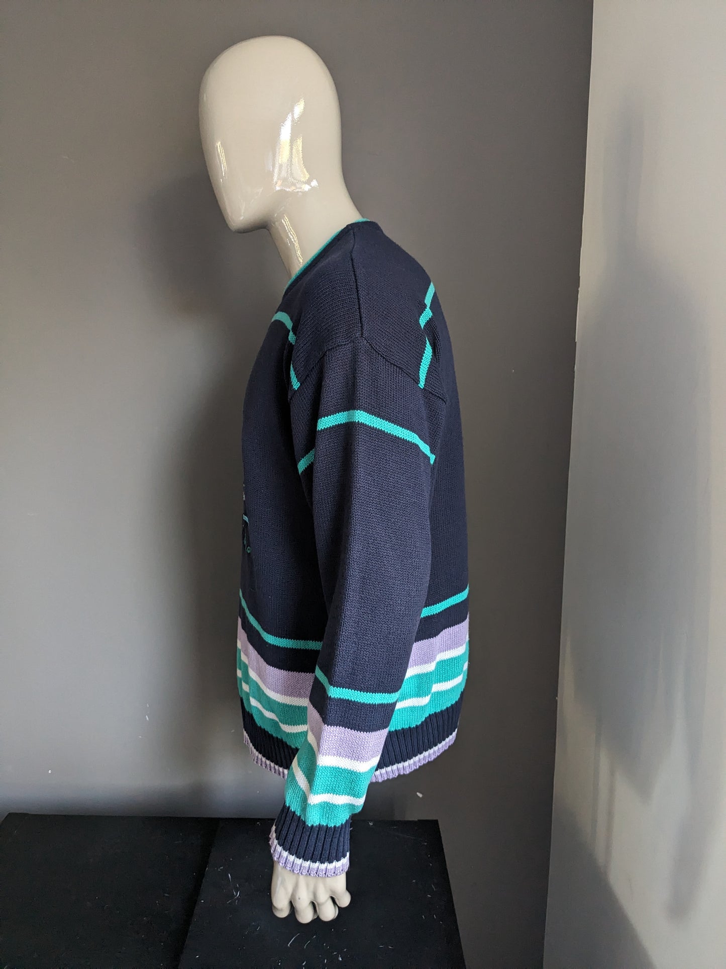 Vintage Golfino trui. Blauw Groen Paars gekleurd. Maat L / XL.