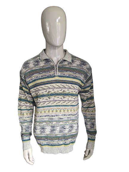 Vintage sweater with zipper. Beige green yellow blue motif. Size L.