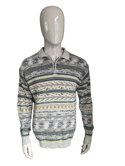 Vintage-Pullover mit Reißverschluss. Beige-grün-gelb-blaues Motiv. Größe L.
