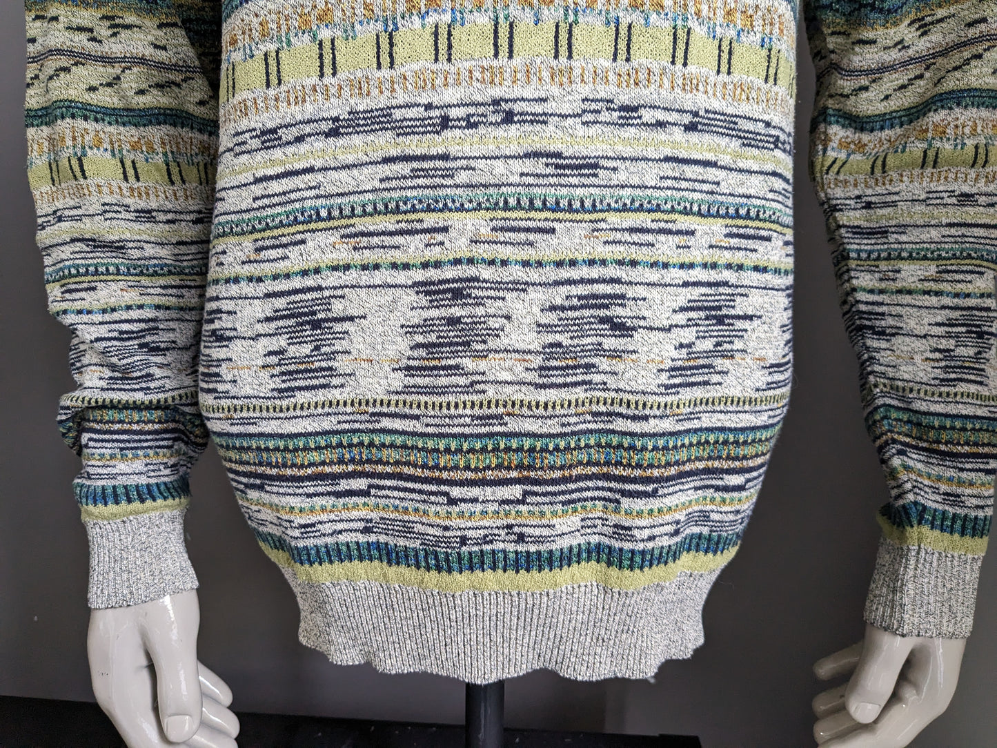 Vintage trui met rits. Beige Groen Geel Blauw motief. Maat L.