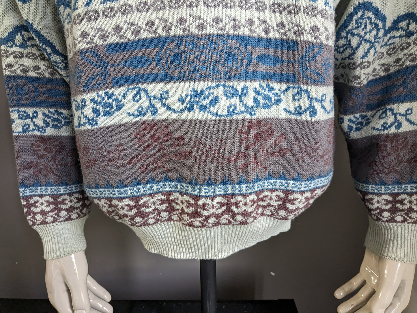 Maglione di lana vintage. Beige Blue Lilla colorato. Taglia XL.