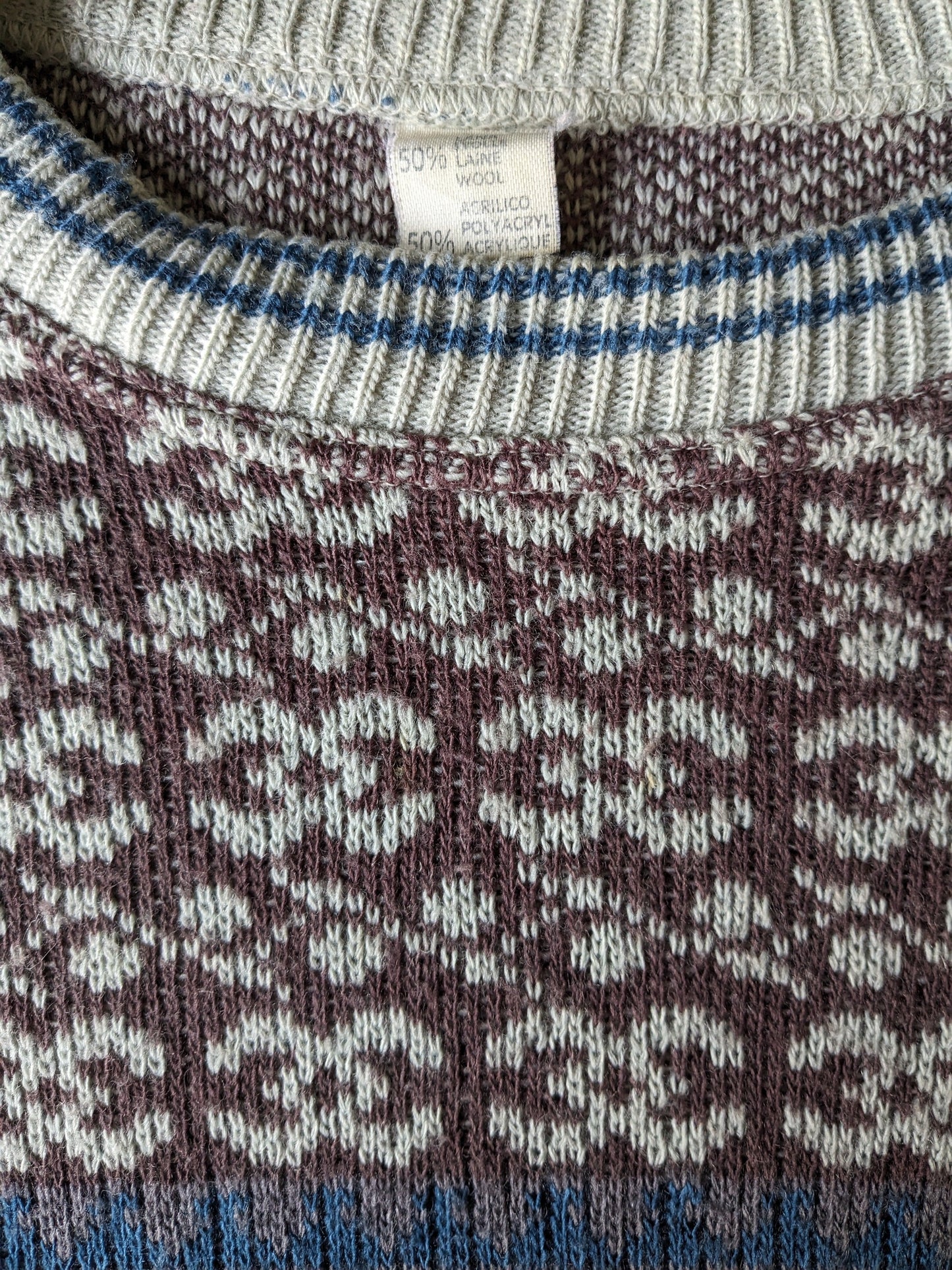 Vintage Wollen trui. Beige Blauw Lila gekleurd. Maat XL.