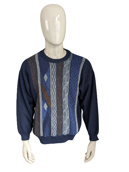 Vintage-Pullover. Dunkelblau, braun, grau gefärbt. Größe XL.