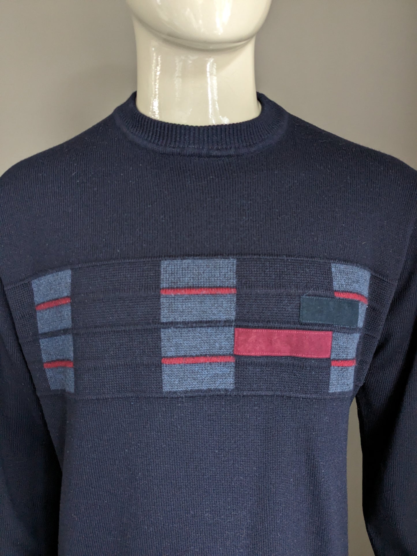 Vintage Bexleys Merino Wollen trui. Donker Blauw Grijs Rood gekleurd. Maat L.