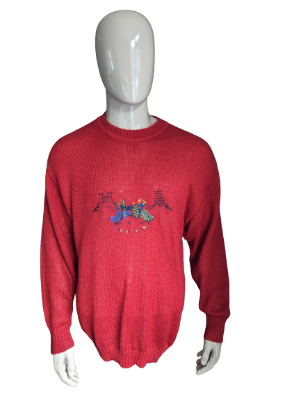 Suéter de lana de mohair märz vintage. Color rojo con frente de aplicación. Tamaño xl.