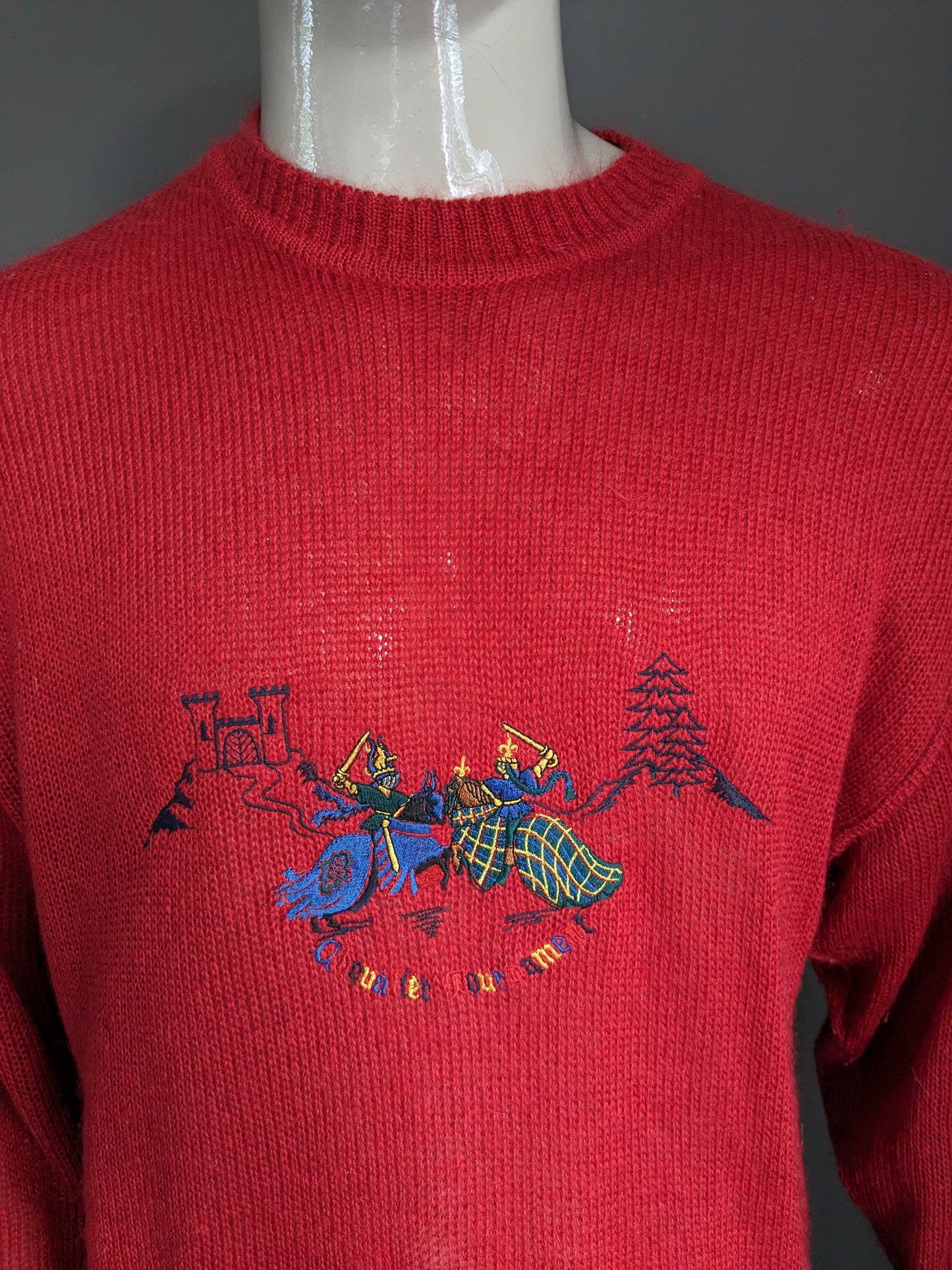 Vintage März Mohair Wollen trui. Rood gekleurd met applicatie voorkant. Maat XL.