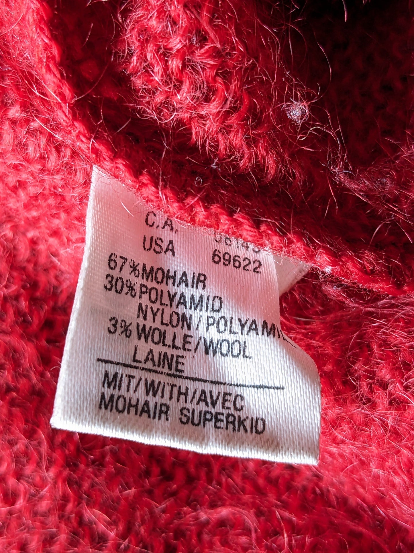 Vintage märz Mohair Wollpullover. Rot gefärbt mit Anwendungsfront. Größe xl.