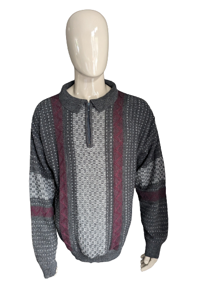 Vintage Claudio Ferrara Wool -Pullover mit Reißverschluss. Graues Bordeaux -Motiv. Größe 2xl / xxl.