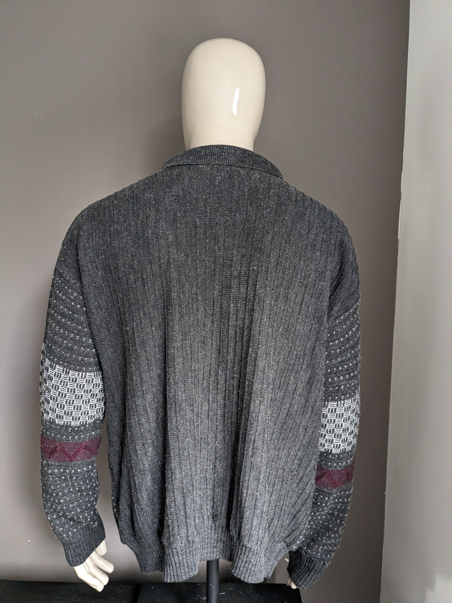 Vintage Claudio Ferrara Wool -Pullover mit Reißverschluss. Graues Bordeaux -Motiv. Größe 2xl / xxl.