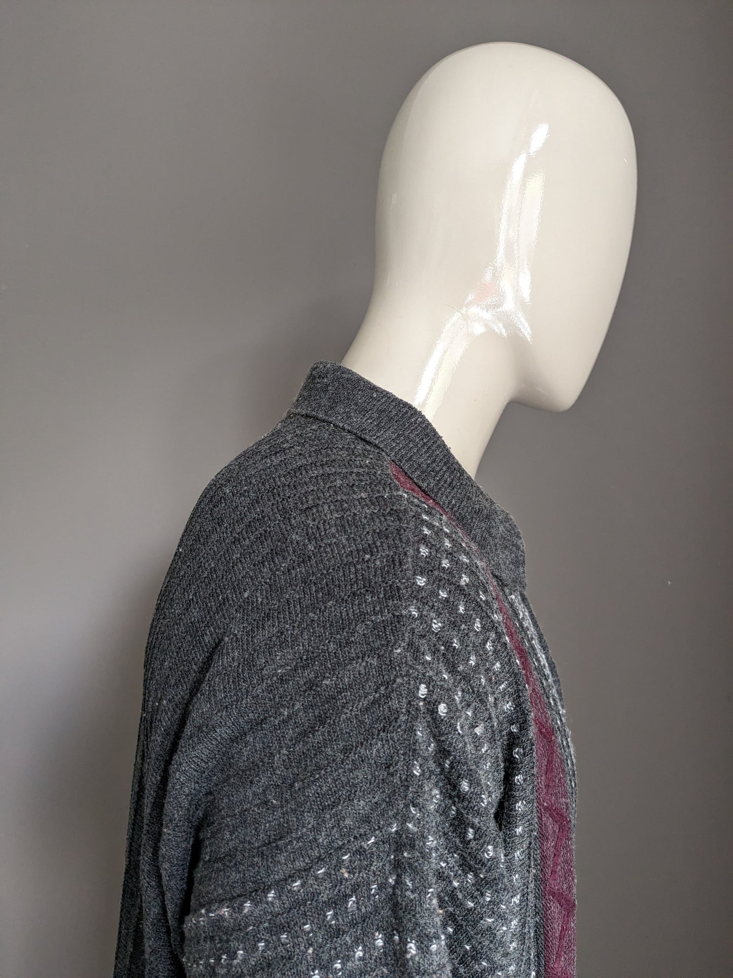Vintage Claudio Ferrara wool sweater with zipper. Gray Bordeaux motif. Size 2XL / XXL.