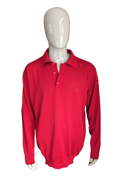 Vintage N.L.F. Pull Polo en laine avec boutons. Rouge coloré. Taille 2xl / xxl. 50% de laine.
