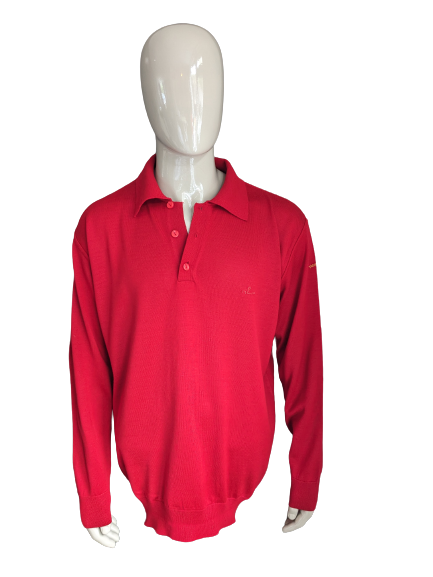 Vintage N.L.F. Polopullover aus Wolle mit Knöpfen. Rot gefärbt. Größe 2XL / XXL. 50 % Wolle.