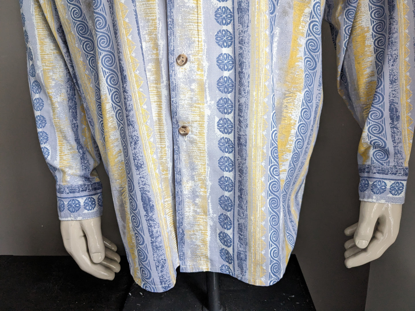 Vintage 80's overhemd. Blauw Geel Grijze print. Maat 2XL / XXL.