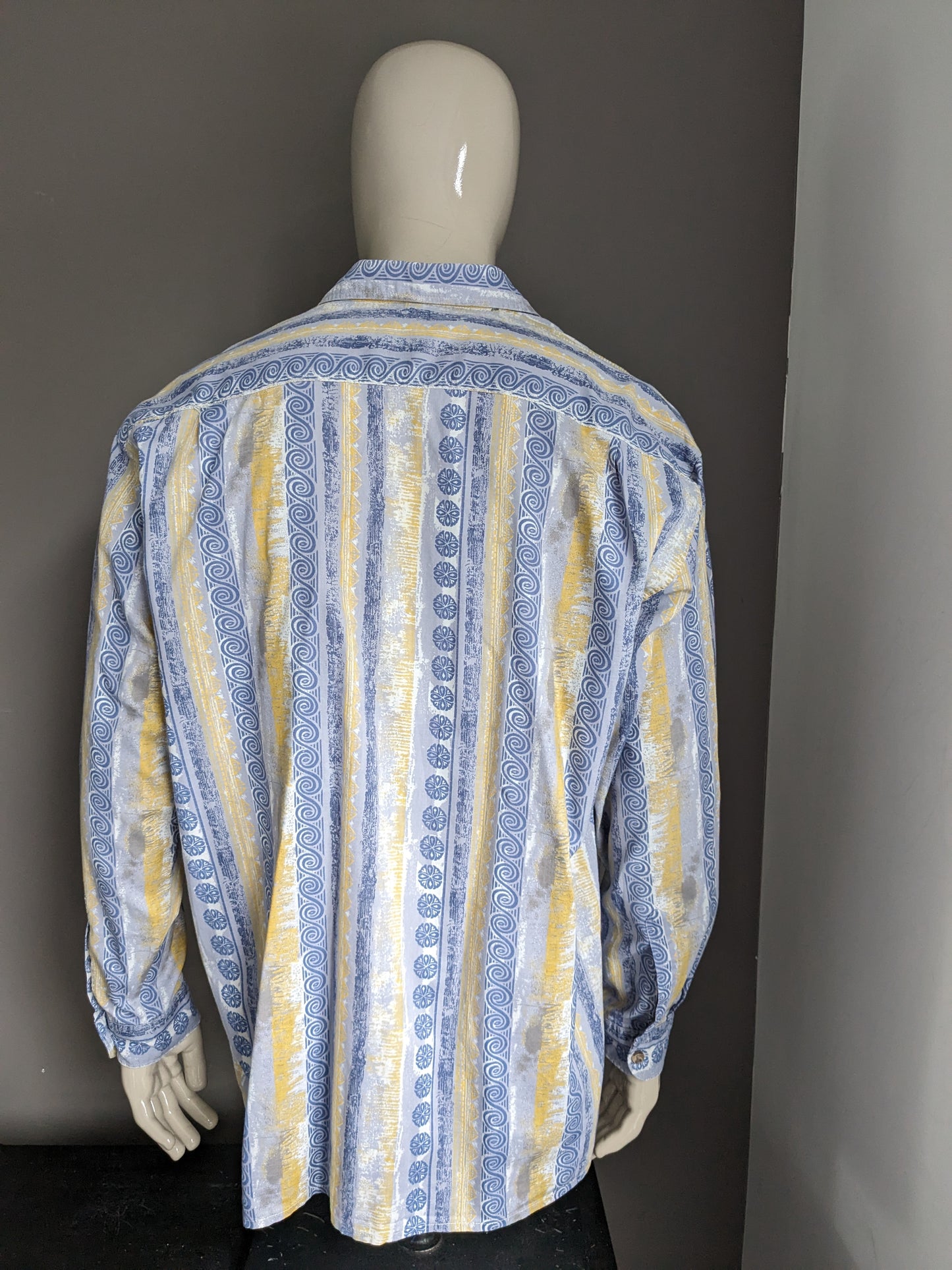 Vintage 80's overhemd. Blauw Geel Grijze print. Maat 2XL / XXL.