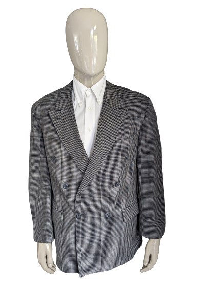 Van Gils Vintage Zweireihige Wolljacke mit spitzem Revers. Graublau kariert. Größe 54 / L.