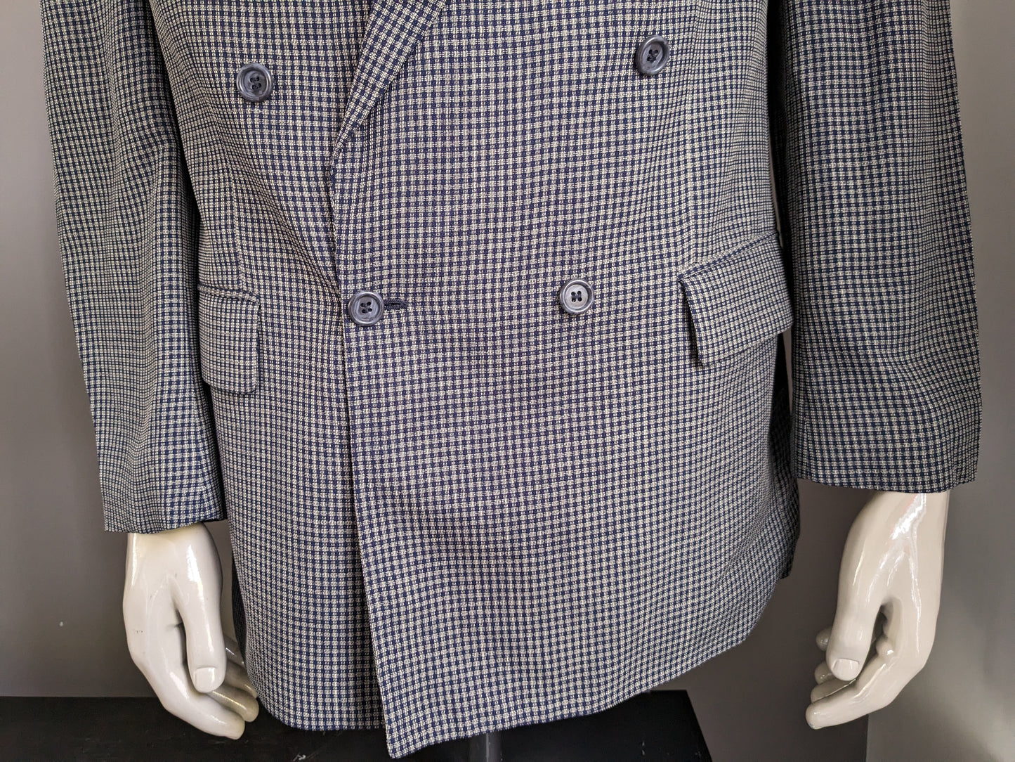 Van Gils Vintage Double Breasted Woolen jacket with point Revers. Gray blue checked. Size 54 / L.