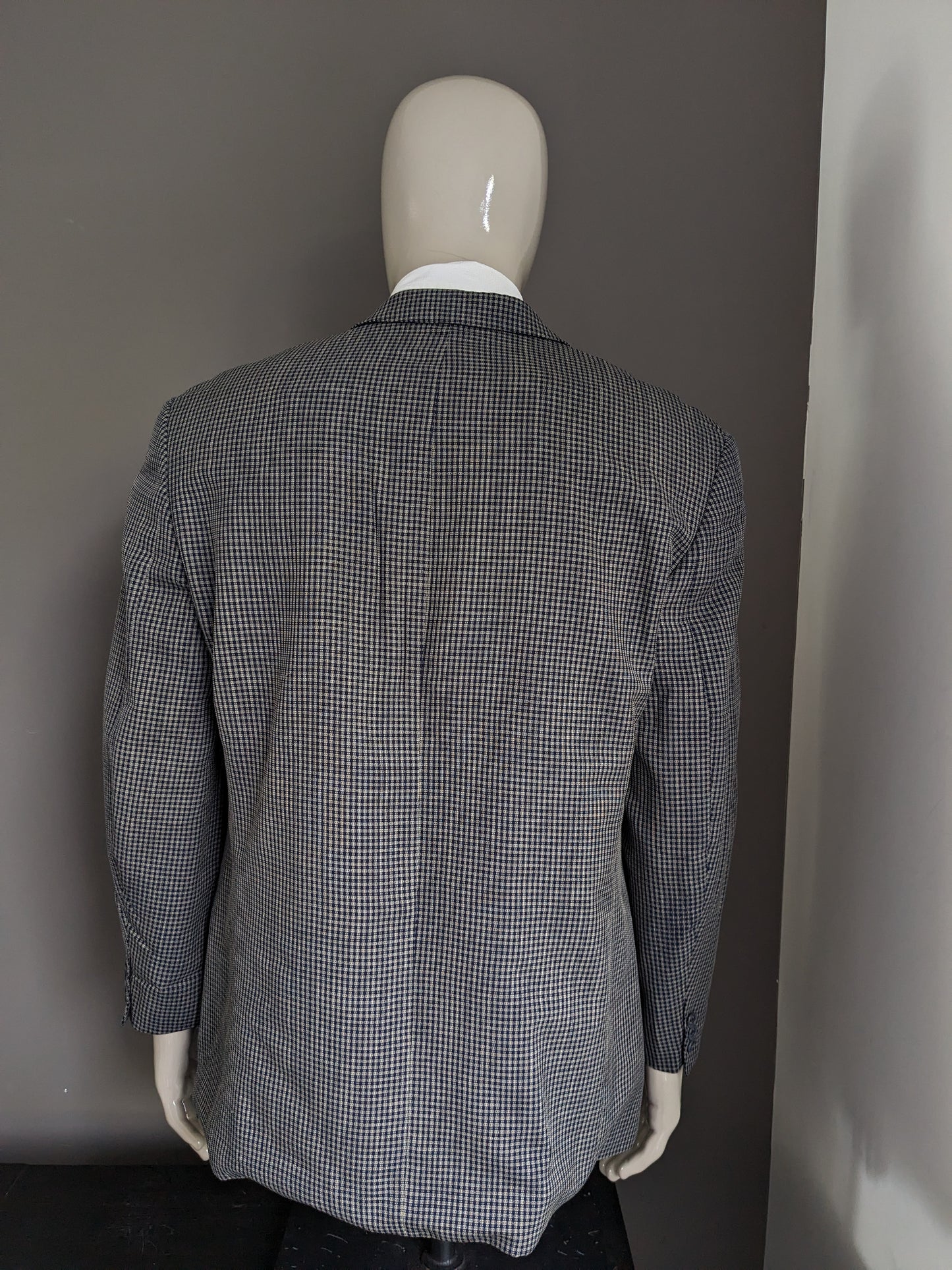 Vanne de laine à double poitrine Van Gils Vintage avec revers de points. Bleu gris vérifié. Taille 54 / L.