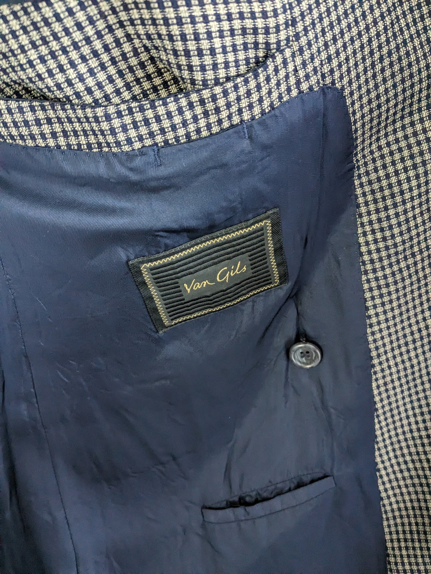 Van Gils Giacca di lana a doppio petto vintage con inverni punti. Grigio blu controllato. Taglia 54 / L.