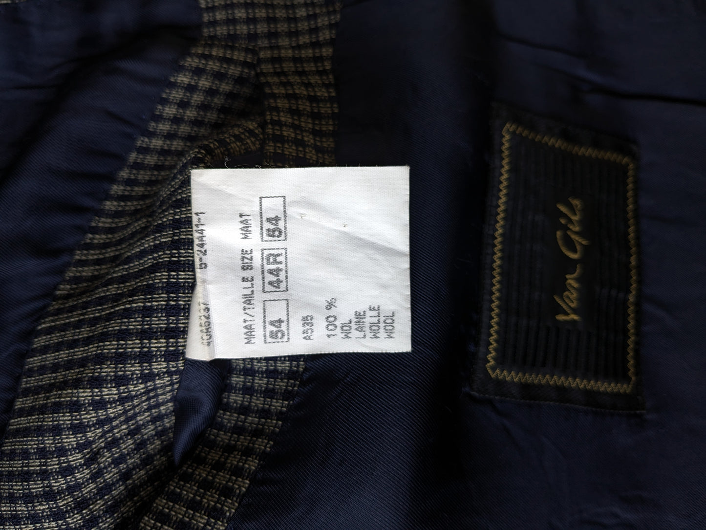 Vanne de laine à double poitrine Van Gils Vintage avec revers de points. Bleu gris vérifié. Taille 54 / L.