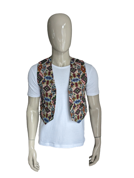 Vintage Gilet. Roze Rood GRoen Blauwe print. Grijs achterkant. Maat S.