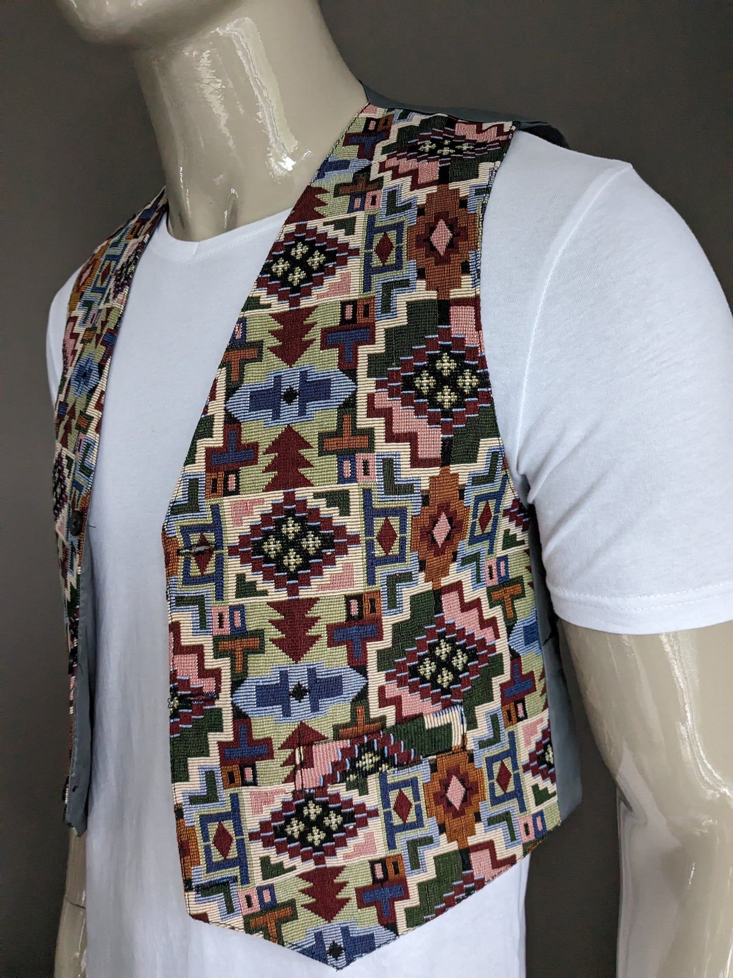 Vintage waistcoat. Pink red green blue print. Gray back. Size S.