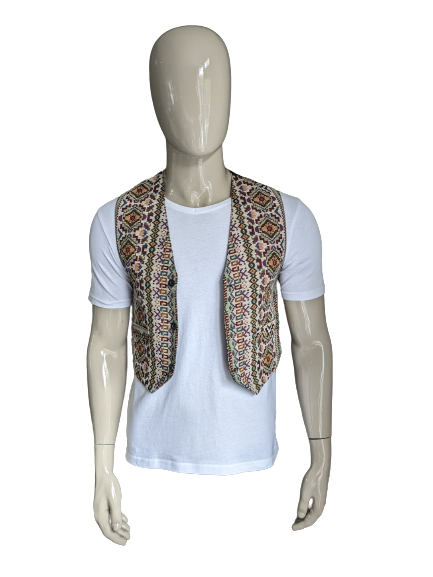 Vintage Gilet. Wit Rood Groen Geel Blauwe print. Maat S.