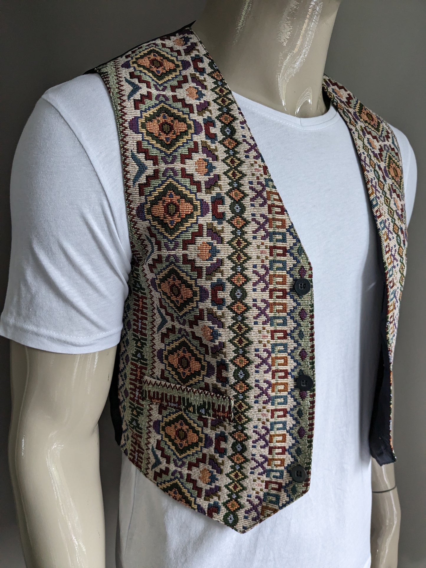 Vintage waistcoat. White red green yellow blue print. Size S.
