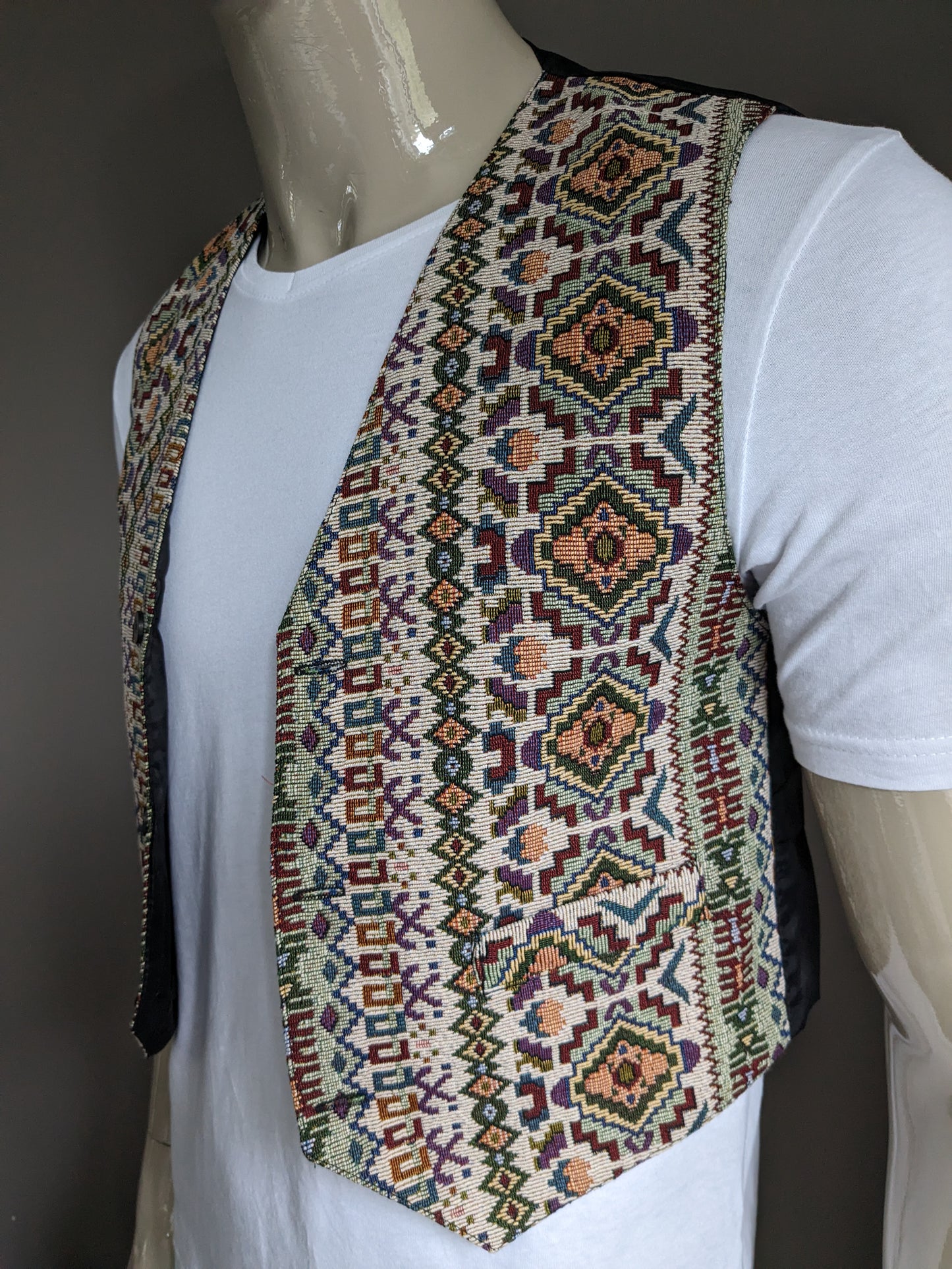 Vintage waistcoat. White red green yellow blue print. Size S.