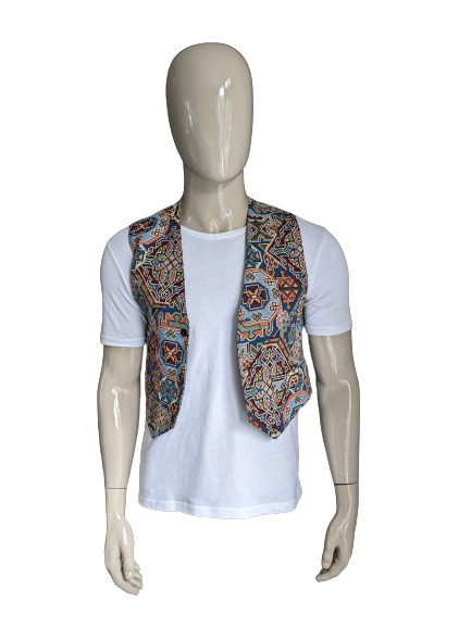 Vintage Gilet. Blauw Groen Oranje Rode print. Grijze achterkant. Maat S.