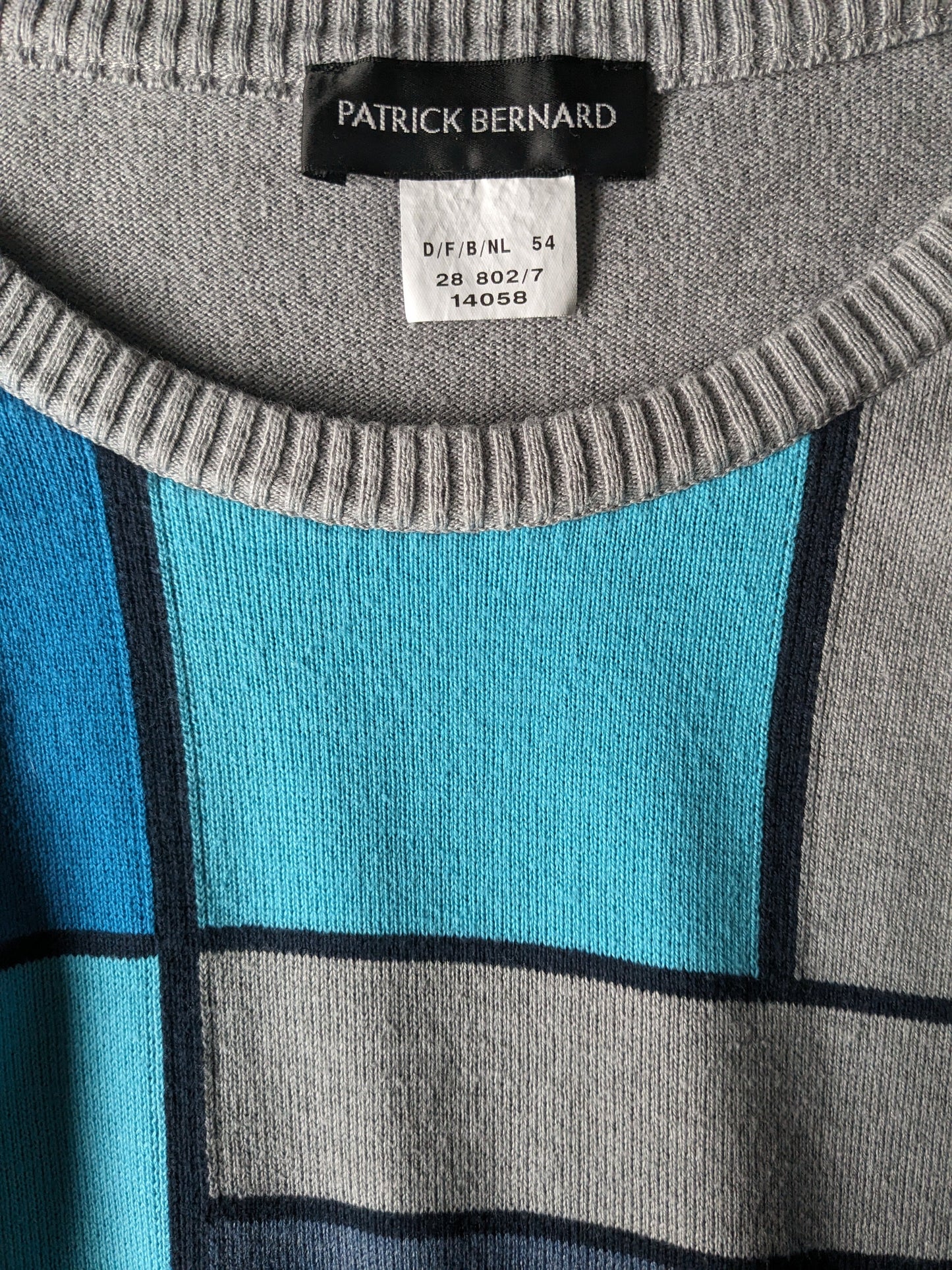 Vintage Patrick Bernard trui. Blauw Grijs Gele Mondriaan look. Maat 54 / L.