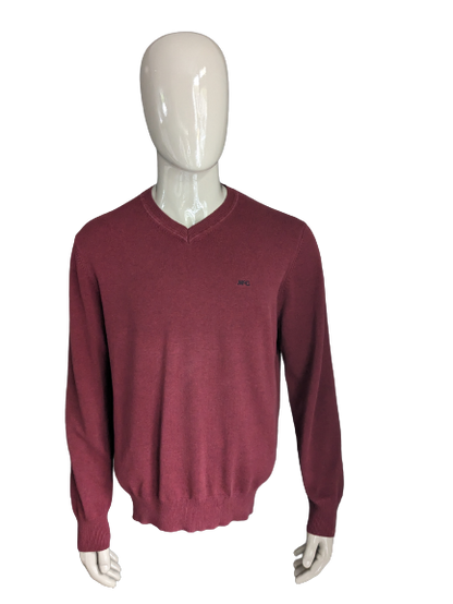 McGregor-Pullover mit V-Ausschnitt. Dunkelrot-Grau gemischt. Größe XL.