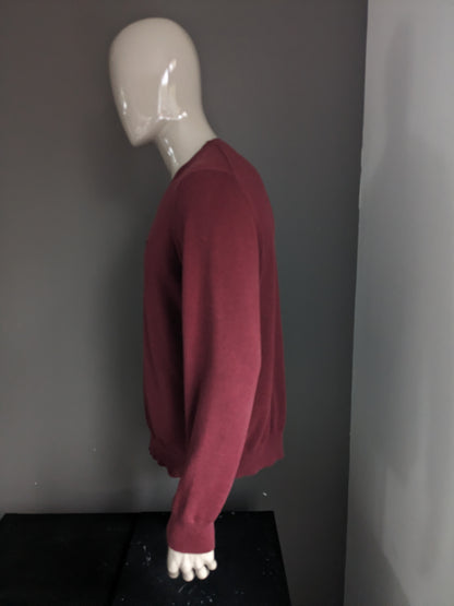McGregor-Pullover mit V-Ausschnitt. Dunkelrot-Grau gemischt. Größe XL.