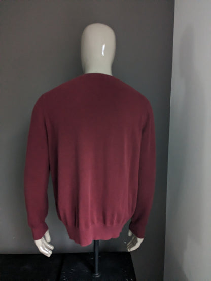 McGregor-Pullover mit V-Ausschnitt. Dunkelrot-Grau gemischt. Größe XL.