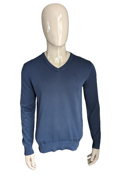 Cavallaro-Baumwollpullover mit V-Ausschnitt. Dunkelblau gefärbt. Größe S.