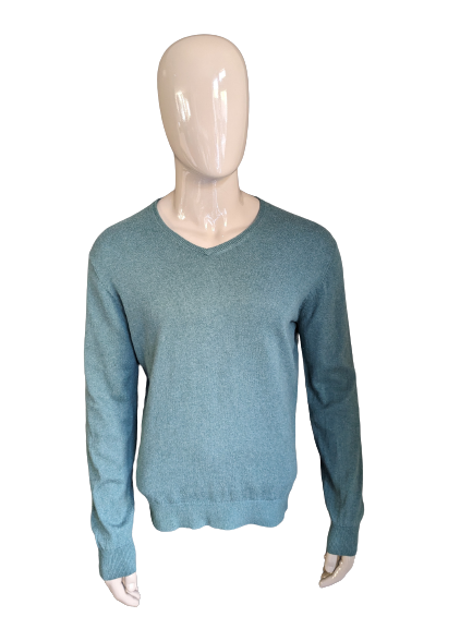 Steppin Out Baumwoll-Kaschmirpullover mit V-Ausschnitt. Grün gemischt. Größe L.