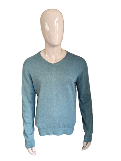 Steppin Out Baumwoll-Kaschmirpullover mit V-Ausschnitt. Grün gemischt. Größe L.