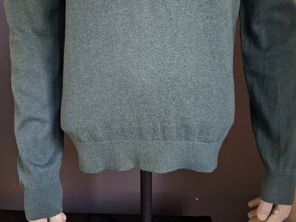 Steppin Out Baumwoll-Kaschmirpullover mit V-Ausschnitt. Grün gemischt. Größe L.