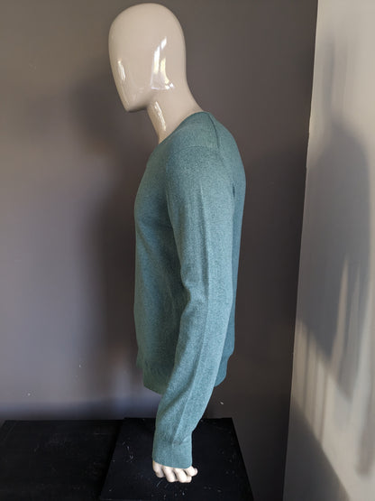 Steppin Out Baumwoll-Kaschmirpullover mit V-Ausschnitt. Grün gemischt. Größe L.