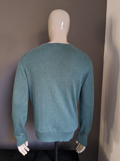 Steppin Out Baumwoll-Kaschmirpullover mit V-Ausschnitt. Grün gemischt. Größe L.