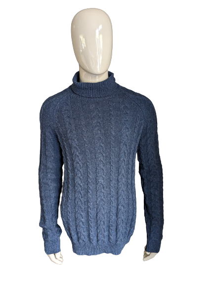 Maglione di cavi di lana homme selezionato. Grigio blu scuro miscelato. Taglia L.
