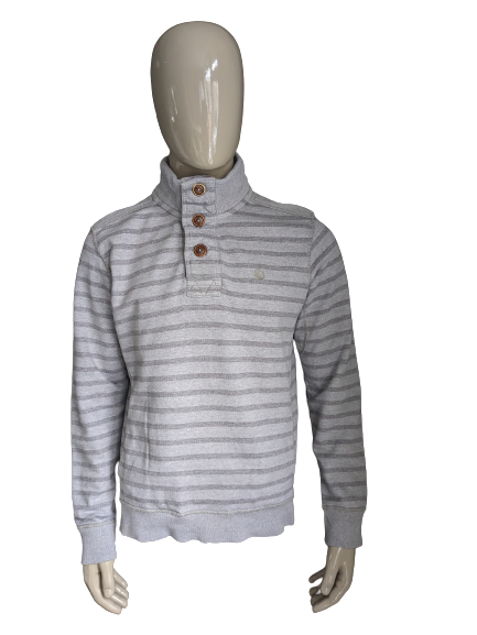 Fat Face Pullover mit Knöpfen. Grau gestreift. Größe L.