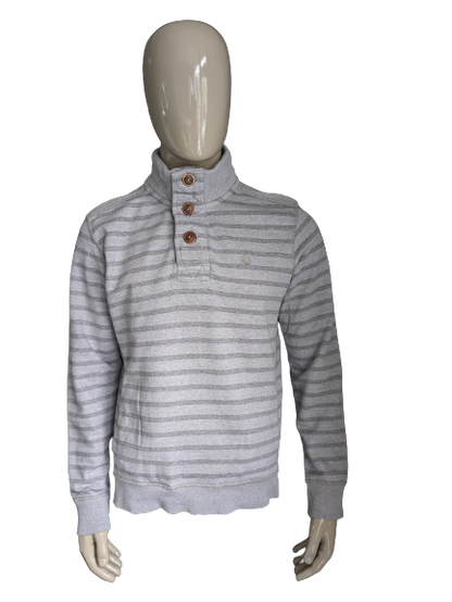 Fat Face Pullover mit Knöpfen. Grau gestreift. Größe L.