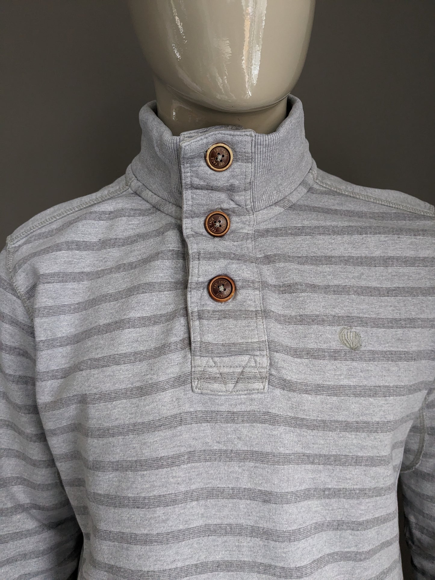 Fat face sweater with buttons. Gray striped. Size L.