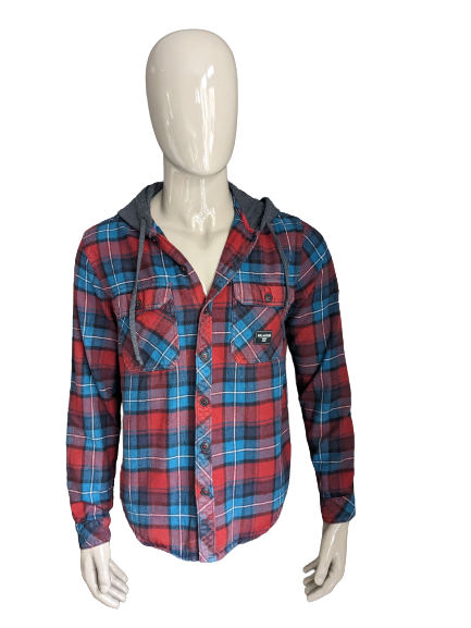 Billabong flannel shirt with hood. Red green checkered. Size M.