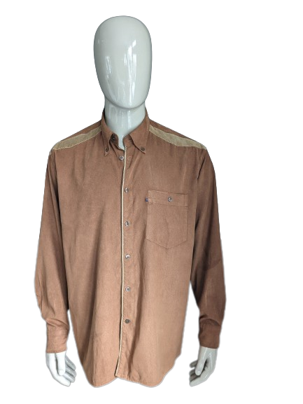 Vintage Kings Road overhemd. Suede Look met western accenten / rib applicaties. Bruin gekleurd. Maat 2XL / XXL.